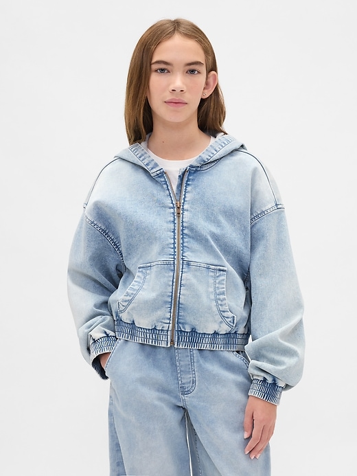 felpa con cappuccio e zip in denim lavorato a maglia per bambini