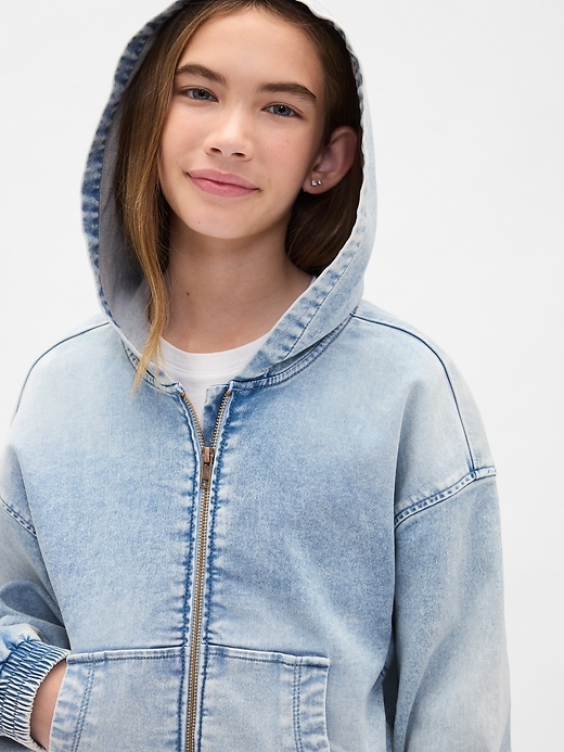 felpa con cappuccio e zip in denim lavorato a maglia per bambini