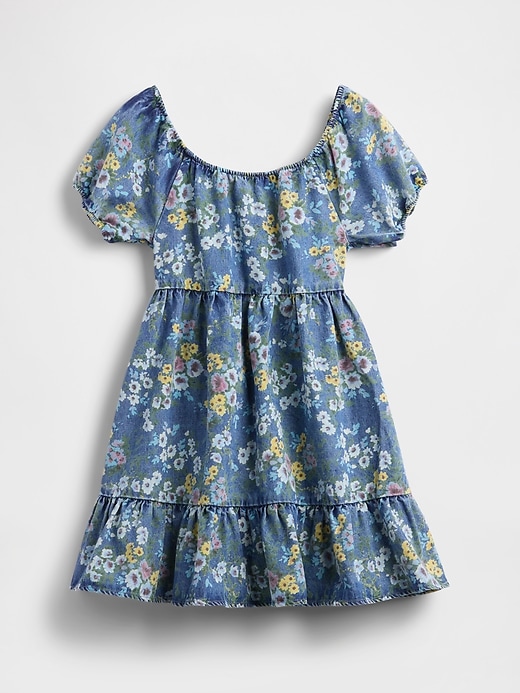abito floreale in denim con maniche a sbuffo per bambini
