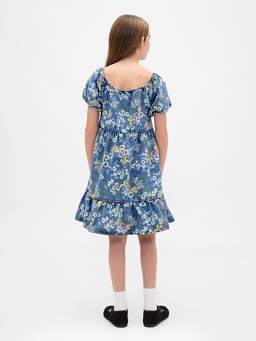 abito floreale in denim con maniche a sbuffo per bambini