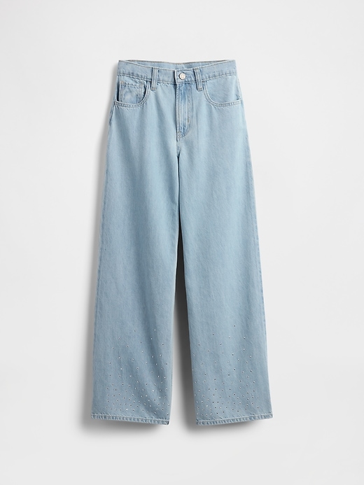 jeans a gamba larga con strass e vita bassa per bambini