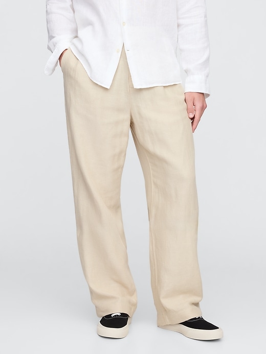 pantaloni larghi plissettati color cachi in lino e cotone anni 90